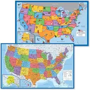 2 Pack - USA Map for Kids [Illustrated] + United States of America Map [Blue Ocean] (LAMINATED, 18" x 29")