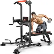 SQUATZ Pull-Up Dip Station - Your All-in-One Power Tower Gym and Chin-Up Bar Stand with Collapsible Bench for Home Exercise and Bench Press