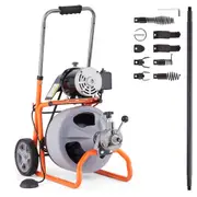 Drain Cleaner Machine 75FT x 3/8 Inch Auto Feed with Wheels & 8 Cutters