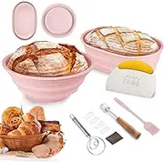 Silicone Bread Proofing Basket Set, Sourdough Starter Kit, Foldable 24.5cm Round & 27.5cm Oval Sourdough Baskets for Bread Baking with 4 Bread Making Accessories (Pink)