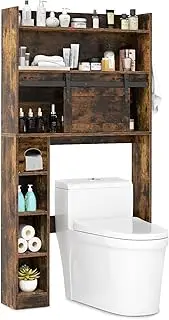 Giantex Over The Toilet Storage Cabinet, Farmhouse Bathroom Organizer Toilet Rack w/Sliding Barn Door, Adjustable Shelves, Toilet Paper Holder & 2 Hooks, Freestanding Toilet Space Saver (Rustic Brown)