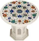 21" Marble Coffee Table Top Semi Precious Stones Handicraft With Marble Stand