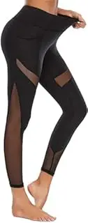 [Generic] Fashion Women's High Waist Yoga Pants with Side Pockets Stretchy Mesh Insert Workout Leggings Tummy Control Yoga Tights