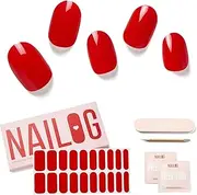 NAILOG Semi Cured Gel Nail Strips (20 Extra Long Polish Stickers/Wraps) | Glossy & Long Lasting Soft Gel Finishing | Red