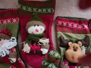 SNOWMAN, SANTA & REINDEER 3D PLUSH STOCKINGS 18" L- 9" OPENING & DAILY SHIPPING
