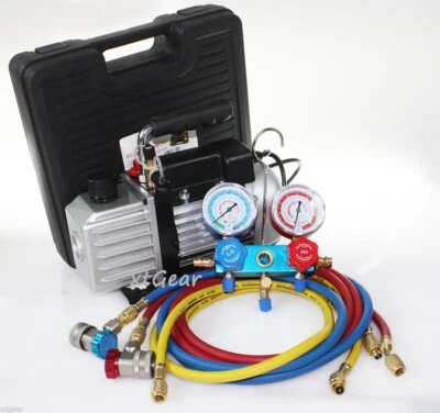 1/4HP 3.5CFM Rotary Vane Vacuum Pump+Testing Charging R134A Manifold Gauge +Hose