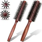 Boar Mane Hair Wooden Handle Brush Round , 2Pcs Round Hair Brush Boar Bristle Hair Brushes,Wooden Handle Round Bristle Styling Brush, Wooden Boar Bristle Round Brush,Boar Bristle Brush Round Hair Brush