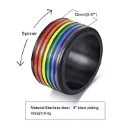 Gay Lesbian Rainbow Pride Black Stainless Steel Spinner Anxiety Ring Size 7-12