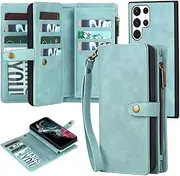 [TwoHead] for Samsung Galaxy S22 Ultra Wallet Case with Card Holder & Detachable Magnetic Phone Case, Leather All-Round Protection Wallet Phone Case for Women Men,6.8in,Blue