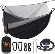 Qevooon Camping Hammock with Net,Travel Portable Lightweight Hammocks with Tree Straps and Solid D-Shape Carabiners,Parachute Nylon Hammock for Outsides Backpacking Beach Backyard Patio Hiking