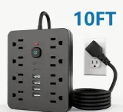 14-in-1 Black Power Strip- Surge Protector,USB-C,USB Outlets,AC Sockets 10’ Cord