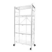 5 Tier Steel White Foldable Display Stand Multi Functional Shelves Portable Storage Organizer With Wheels