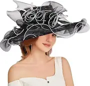 [HIMESPORT] Women Party Church Derby Top Hats Organza Sun Visor Cap Ladies Flowers Fascinators Big Wide Brim Fedoras