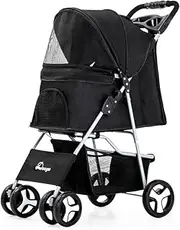 Pet Dog Stroller, 4 Wheels Travel Jogger Foldable Pet Stroller with Underneath Storage, Easy One-Hand Fold, Cup Holder Handle 360° Front Wheel Rear Wheel with Brake for Medium Small Pets