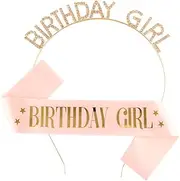 [Guqqeuc] Birthday Crown Sash for Girls & Women - Pink Rhinestone Tiara & Sash Set - Perfect for 16th, 21st, 18th Birthday Parties - Adjustable Size