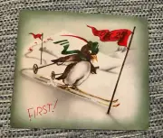 Penguin Skiing W Red Feather Blue Fedora Christmas Card unused Vintage Chilton