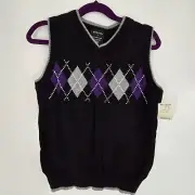 Vintage George Kids Knitted Boy Sweater Vest V-neck Black Argyle Sz 7 Cotton NWT