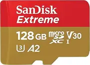 SanDisk 128GB Extreme microSDXC UHS-I Memory Card with Adapter - C10, U3, V30, 4K, 5K, A2, Micro SD Card - SDSQXAA-128G-GN6MA