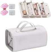 [Generic] Waterproof Travel Toiletry Bag 4detachableclearcompartment,Leather Waterproof Cosmetic Bag Detachable 4 in 1,Roll Up Large Capacity Compact Waterproof Foldable Cosmetic Bag (White)