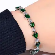 Heart - Tsavorite & Cubic Zirconia 925 Sterling Silver Tennis Bracelet 7.99" B57