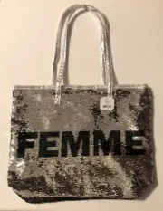 Hallmark Sequin Tote Bag “FEMME” Silver w/ Dark Iridescent Vegan Leather - NWT