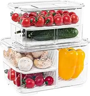 elabo Food Storage Containers Fridge Produce Saver- Stackable Refrigerator Organizer Keeper Drawers Bins Baskets with Lids and Removable Drain Tray for Veggie, Berry and Fruits, 1 Medium and 1 Large