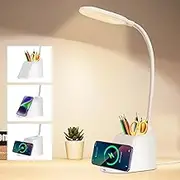 UEASE LED Desk Lamp with Wireless Charging Function, 3 Colours, Continuously Dimmable Table Lamp Children with Pen Holder and Mobile Phone Holder, 360° Flexible Gooseneck Table Lamp for Office,