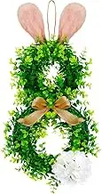 21inch Easter Bunny Spring Wreath for Front Door Cute Rabbit Ears Artificial Greenery Boxwood Wreath with Linen Bow and White/Pink Hydrangea for Front Door Easter Holiday Season Decoration