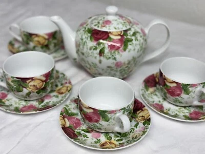 New Beautiful and Colorful ROYAL ALBERT Country Rose 9 Piece Tea Set