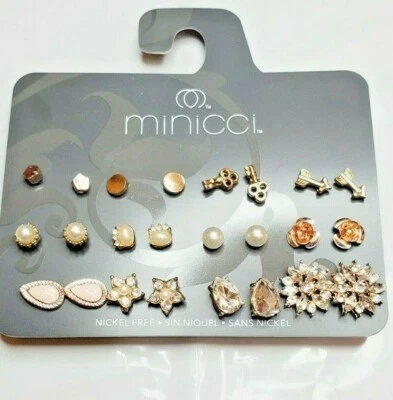 Minicci Gold Tone Stud Earrings 12 Pairs Keys Arrows Pearls Roses Teardrops New