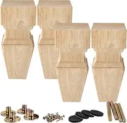 6 inch / 15cm Wooden Furniture Legs, La Vane Set of 4 Solid Wood Carved Geometry Unfinished Replacement Bun Feet with Mounting Plate & Screws for Sofa Cabinet Couch Table TV Stand