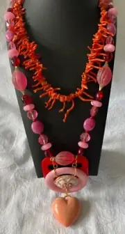 vintage artisan necklace coral lucite celluloid ooak heart Double Bubble Love
