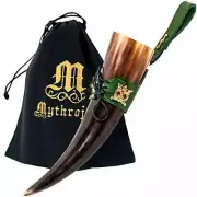 Viking Drinking Horn 250 ML Mug with Green Leather Strap Holder & Brass Decor
