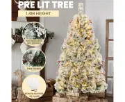 Costway 1.4M Pre-lit Christmas Tree Snow Flocked Mixed Pine Needles Flowers/LED Lights Xmas Decoration Home Garden