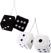 [4 Dice 2 Pack] Retro Hanging Dice for Car Mirror Black and White (Nostalgic 80’s Fuzzy Car Dice for Mirror) Plush Car Accessories (Set of 2)