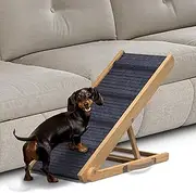 PATHOSIO Dog Ramp for Bed Portable Dog Ramp for Couch, Folding Dog Ramp for All Breeds Real Wooden Ramp for Dogs to Get on Bed, Adjustable Dog ramps for Small Dogs (Natural Wood - Grey Carpet, Small)