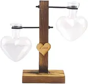 Plant Terrarium with Wooden Stand, Creative Double Heart Glass Hydroponic Vases, Modern Plant Propagation Station Desktop Planter Bulb Vase for Home Garden Office Decoration