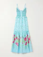 [Loretta Caponi] Loretta Caponi - Bianca Embroidered Smocked Ruffled Floral-print Linen Maxi Dress - Blue - small small Blue