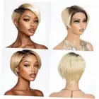 DÉBUT Human Hair Pixie Wig Side Part Lace Front Wigs with Ombre Brown to 613