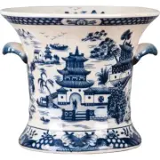 Blue Willow Cachepot Planter With Blue Shell Handles 7"H Chinoiserie Pagoda