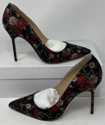 Manolo Blahnik BB 105 Pointy Toe Pump Size 8 38 EU Black Floral Jacquard Fabric