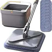 Floor Mop and Bucket with Wringer Set, Grey Flat Mop Bucket for Floor Cleaning, Stainless Steel Handle, 8 Washable and Reusable Microfiber Pads, Floor Cleaning System