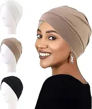 [OPUHOHR] 3PCS Hijab Undercap for Women, Muslim Inner Hijab Caps, Chemo Head Scarf Beanie Skull Cover Cap for Women Hair Loss