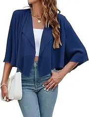 [Hotouch] Chiffon Bolero Women's Festive 3/4 Sleeve Elegant Shoulder Jacket Transparent Summer Cardigan Lightweight Short Bolero Jacket for Dress