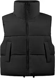 [Flygo] Women's Winter Crop Vest Sleeveless Quilted Puffer Vest Padded Gilet Jacket Warm Outerwear Pockets