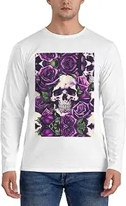 [GaxfjRu] Many Purple Rose Skull Print Casual Crewneck Lightweight Sweater Men's Long Sleeve Shirts, Sizes S-3X