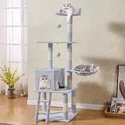 Xkimos Cat Tree, 154 Cm Cat Tower, Solid Material, with 2 Pom-Poms and Spacious Hammock for Multiple Kitties to Play &Sleep Together, Cat Tower for Indoor Cats Suitable for Small ＆ Large Cats