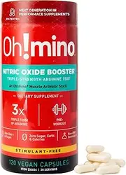 Oh!mino Nitric Oxide Booster, Triple Strength L-Arginine Nitric Oxide Booster for Energy and Endurance, Pre-Workout Pills with Natural Beet Root Powder, 30 Servings, 120 Capsules - Oh!Nutrition