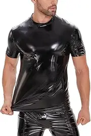 [xokesy] Men Shiny Leather T-Shirt, Glossy PVC Leather, Short Sleeve, Shiny Latex Coat for Male