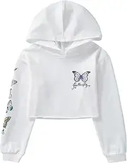 [Yruioon] Kids Girls Butterfly Print Long Sleeve Crop Tops Shirts Causal Plain Hoodie Pullover Sweatshirts